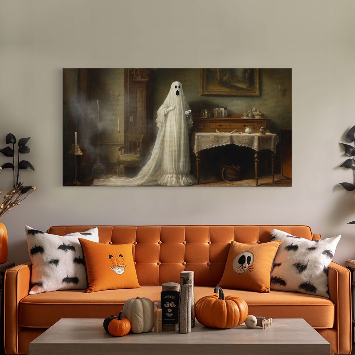 Sheet Ghost Victorian Parlor Standing Spooky Oil Painting Halloween Art Poster - Image 4