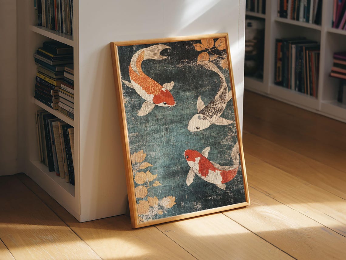 Three Koi Fish Swimming Dark Teal Water Japanese Style Animal Poster - Image 6