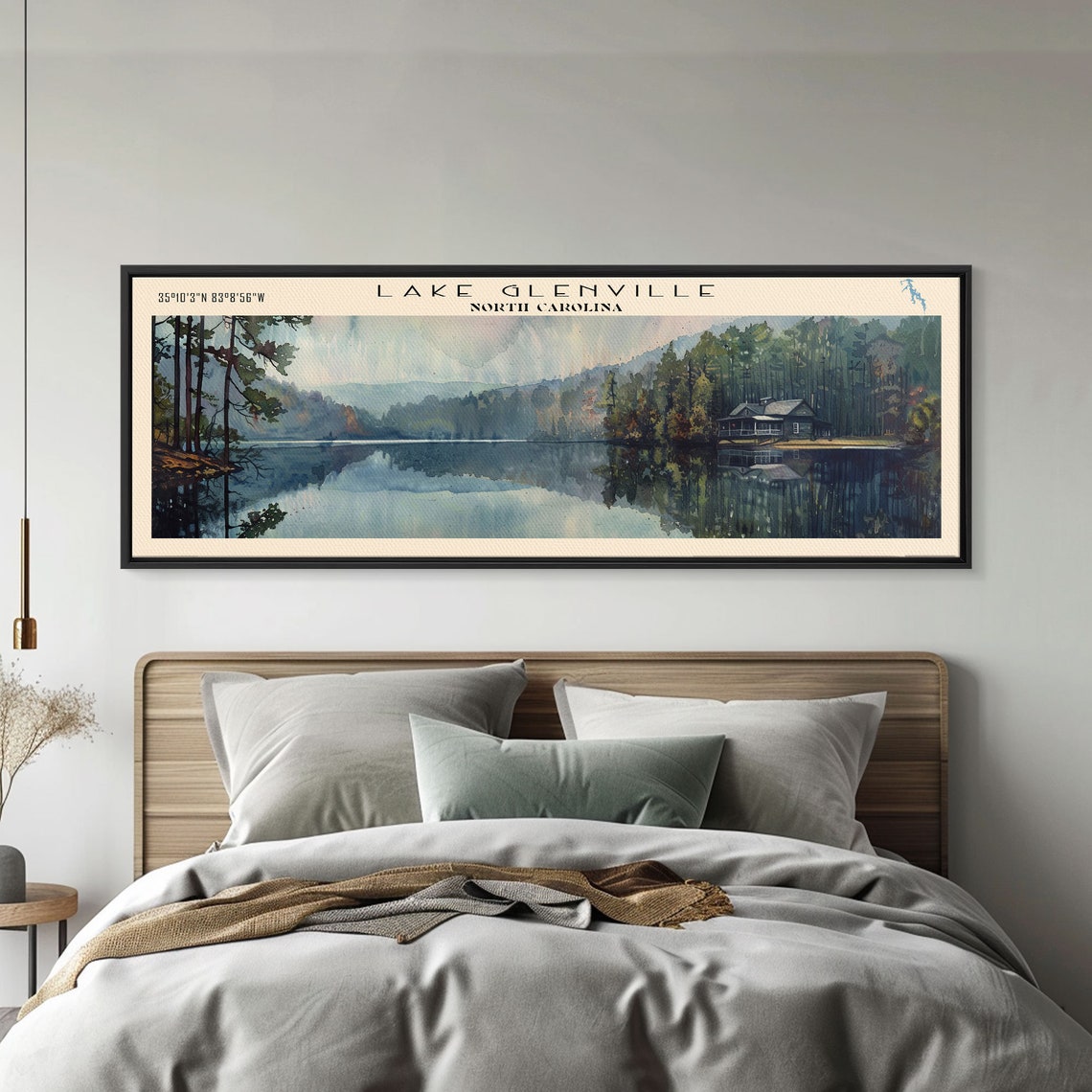 Lake Glenville North Carolina Framed Print Lake House Decor Panoramic Wall Art Travel Poster Scenic Lake Painting Nature Art