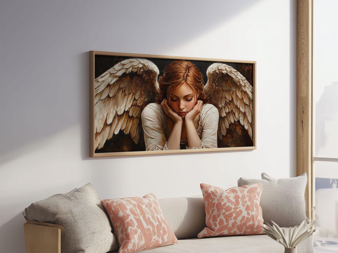 Pensive Angel Golden Feathered Wings Moody Renaissance Art Poster - Image 5