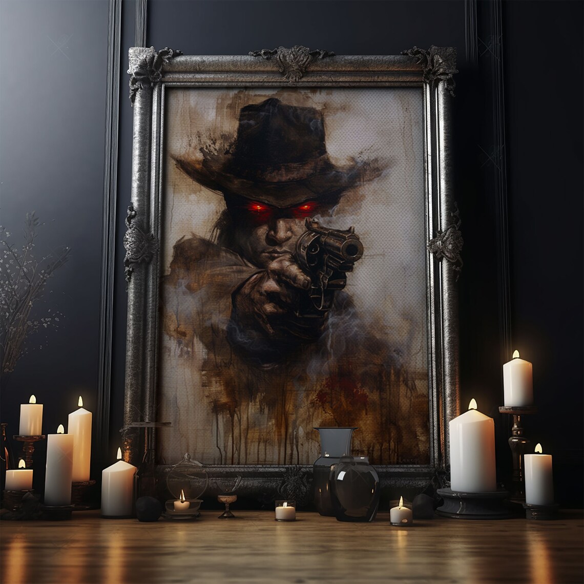 Haunting Cowboy Red Eyes Revolver Dark Western Gothic Art Poster - Image 5