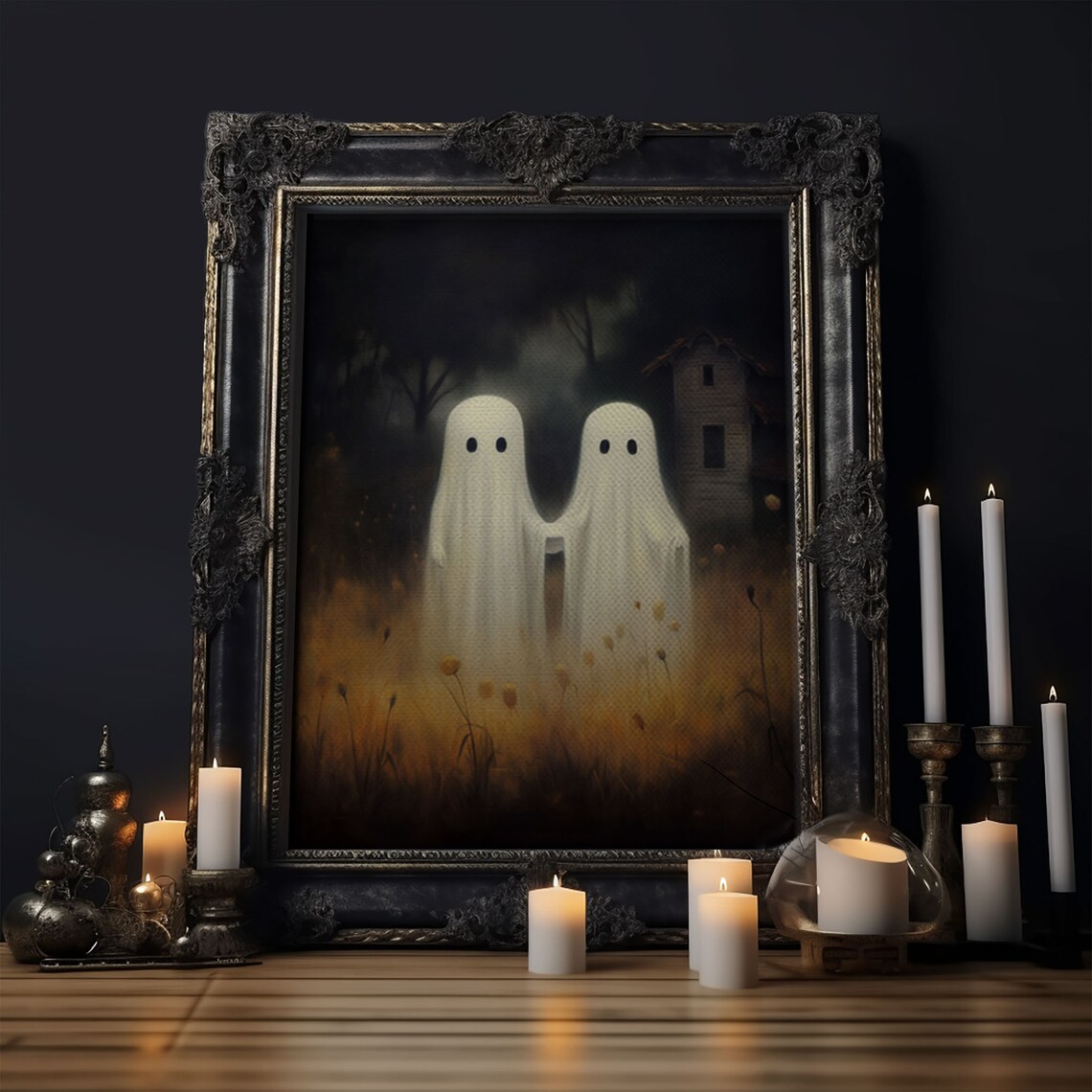 Cute Ghost Couple In Moonlit Farmhouse Field Vintage Halloween Print - Image 6