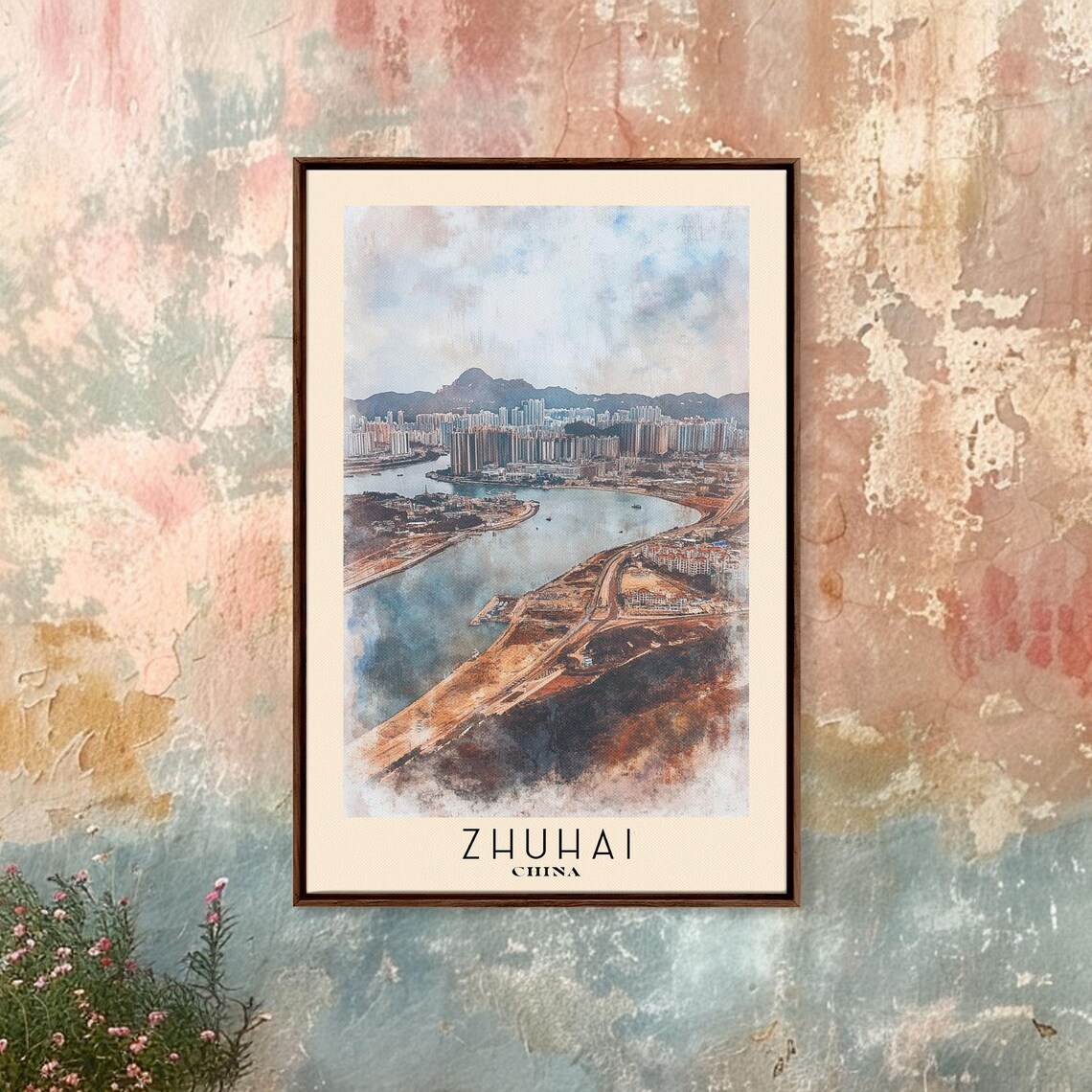 Zhuhai China Harbor Skyline Cityscape Watercolor Travel Poster - Image 4