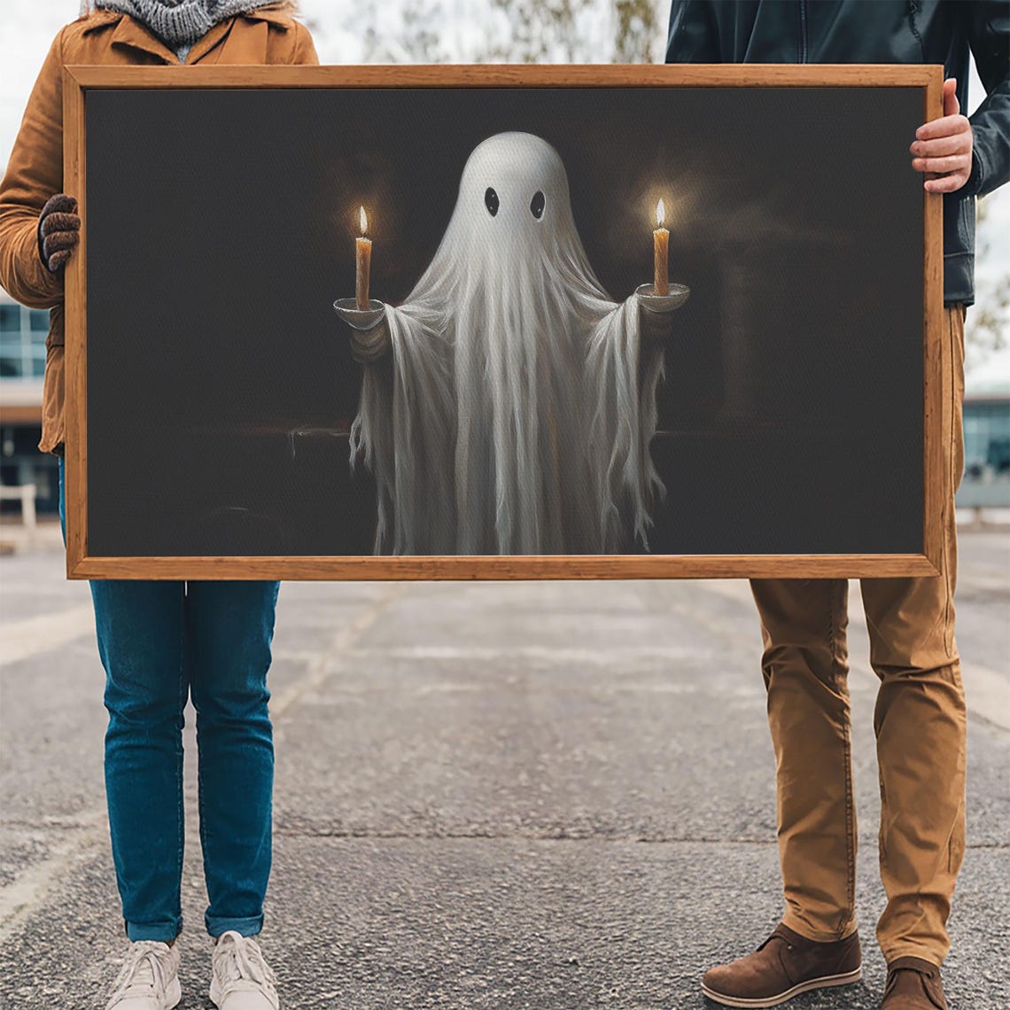 Cute Ghost Holding Candles Dark Background Vintage Oil Painting Poster - Image 3
