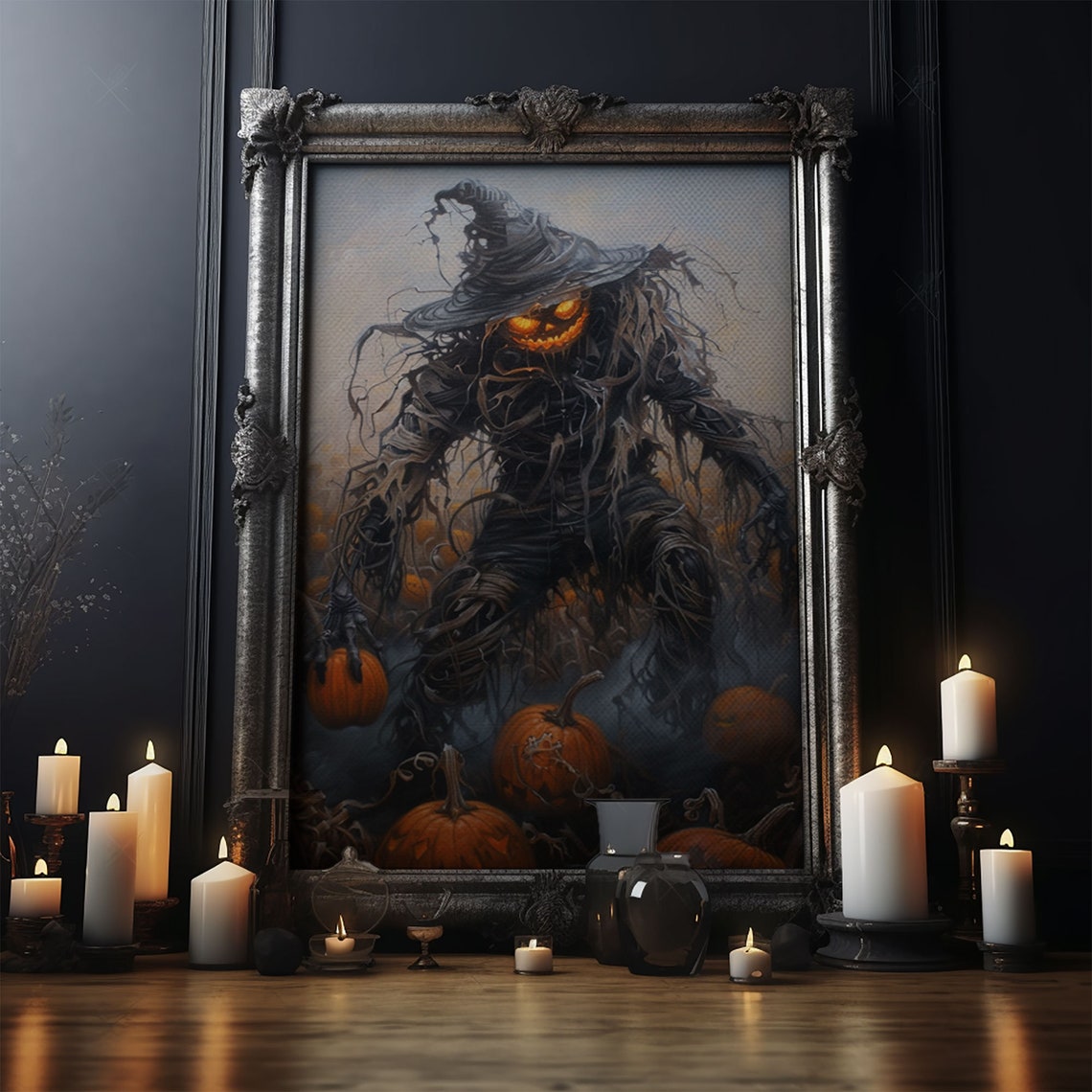 Haunting Pumpkin Head Scarecrow In Misty Field Halloween Art Print - Image 5