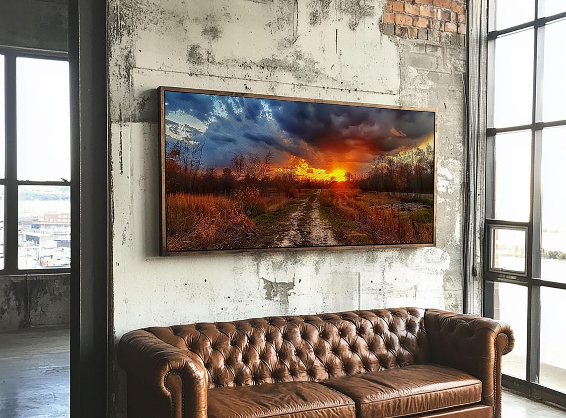 Dirt Road Through Fields At Stormy Sunset Rural Landscape Poster - Image 2