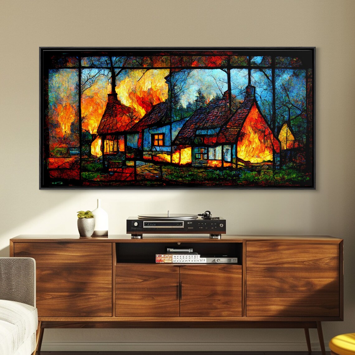 Stained Glass Cottage On Fire Print, Rustic Wall Art