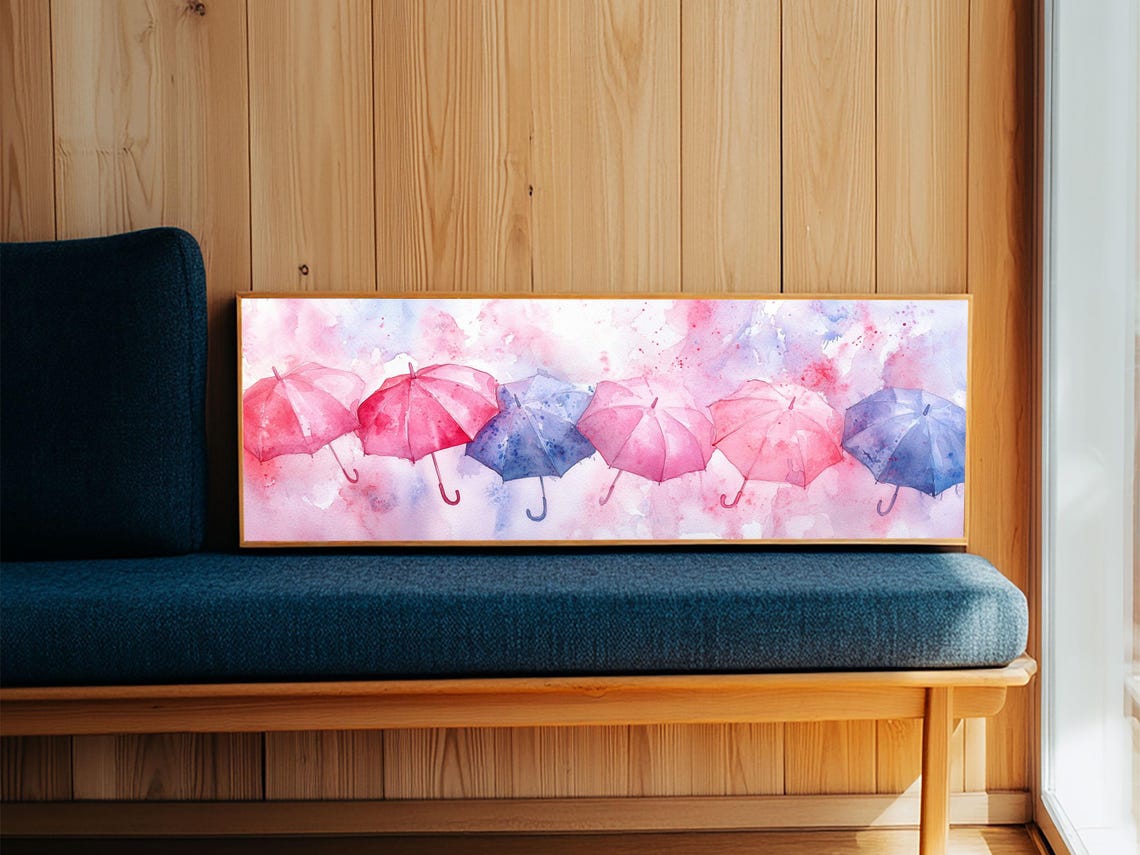 Pink Blue Watercolor Umbrellas Row Panoramic Canvas Art Poster - Image 3