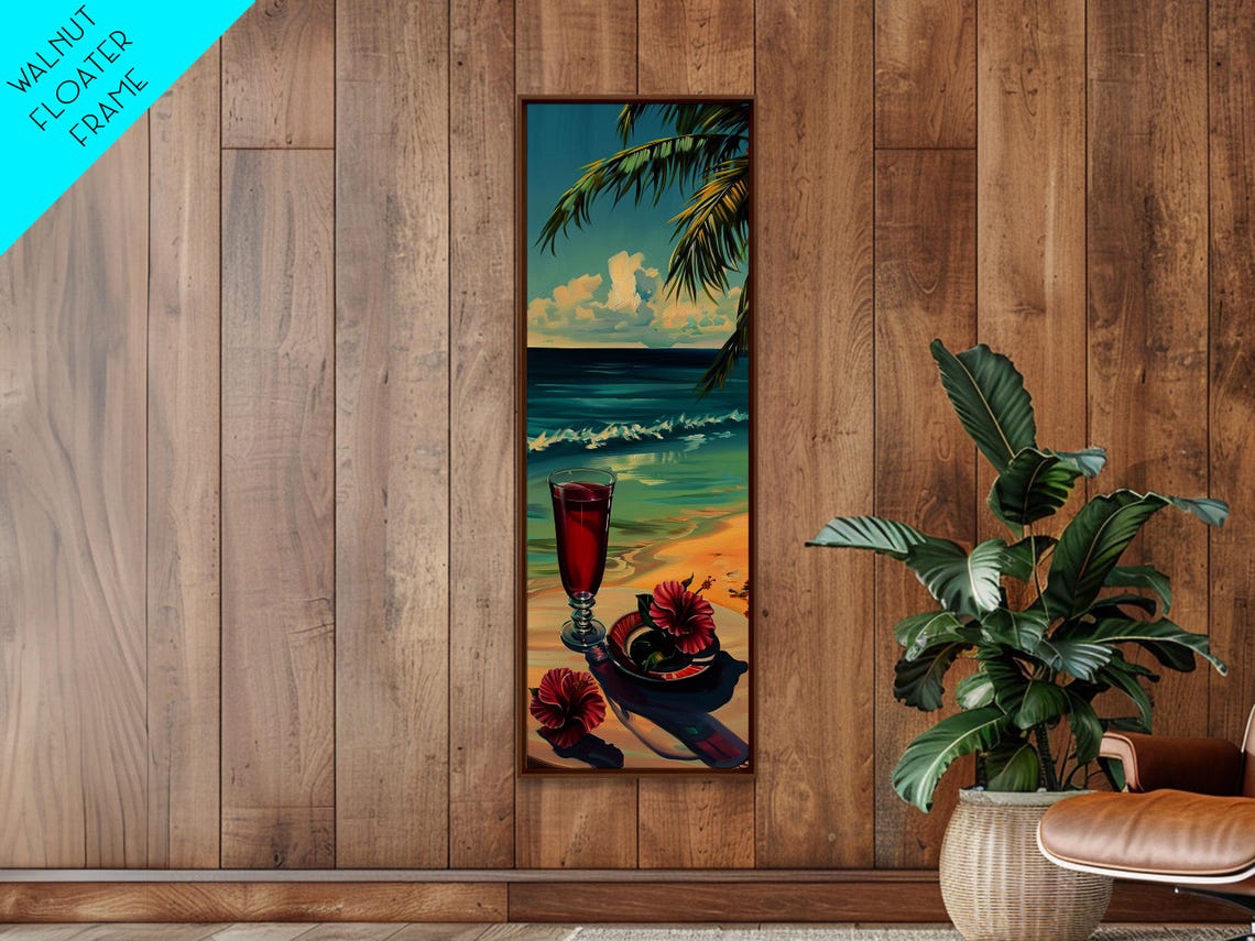 Beach Cocktail Sunset Tropical Hibiscus Palm Ocean Scene Wall Art - Image 5