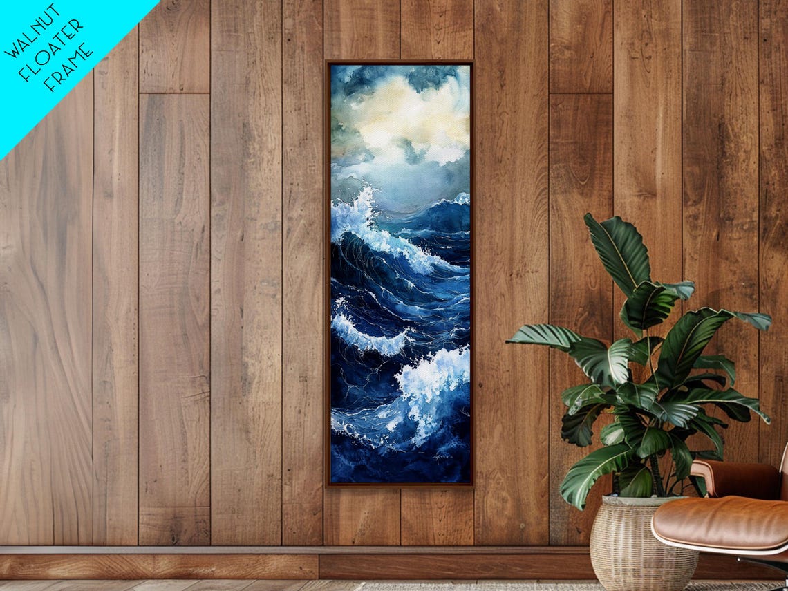 Dramatic Deep Blue Ocean Storm Waves Watercolor Seascape Wall Poster - Image 3