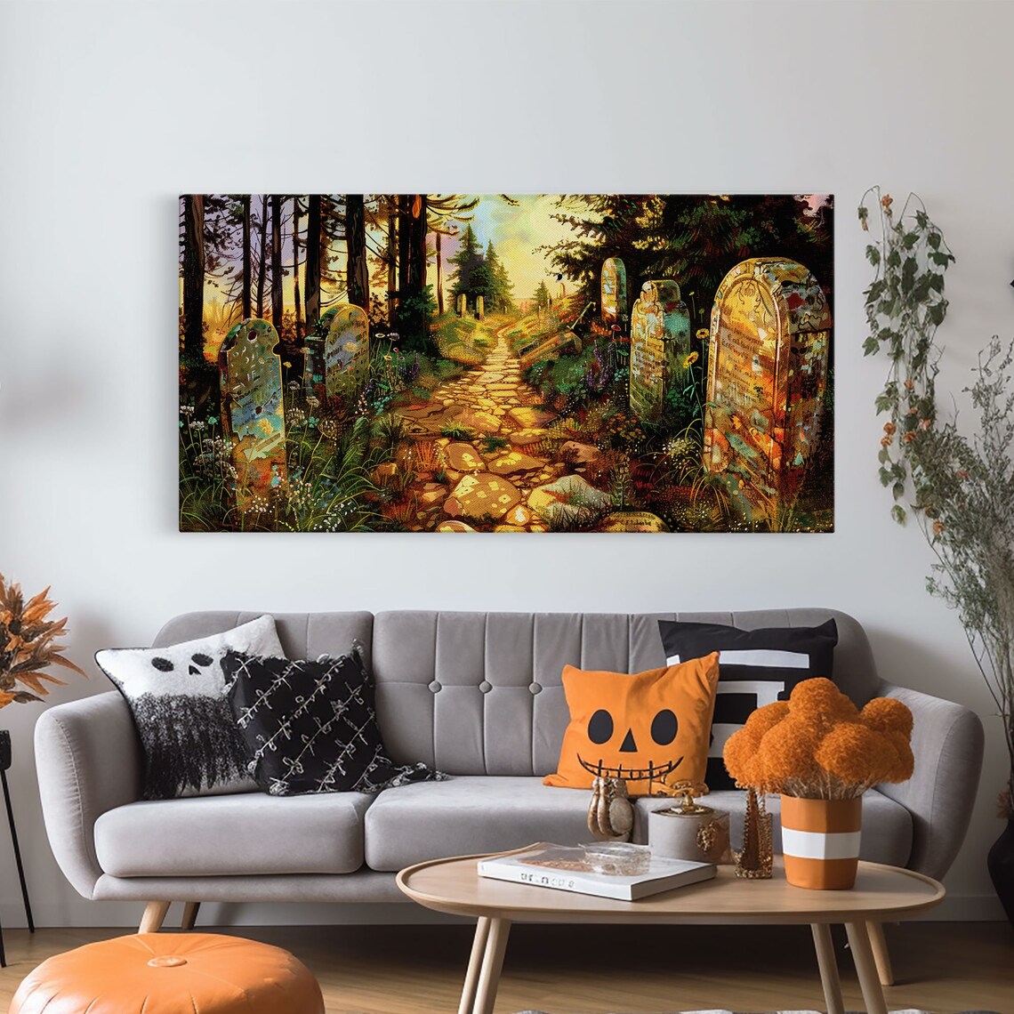 Haunted Cemetery Springtime Stone Path Flowering Trees Colorful Halloween Print - Image 6