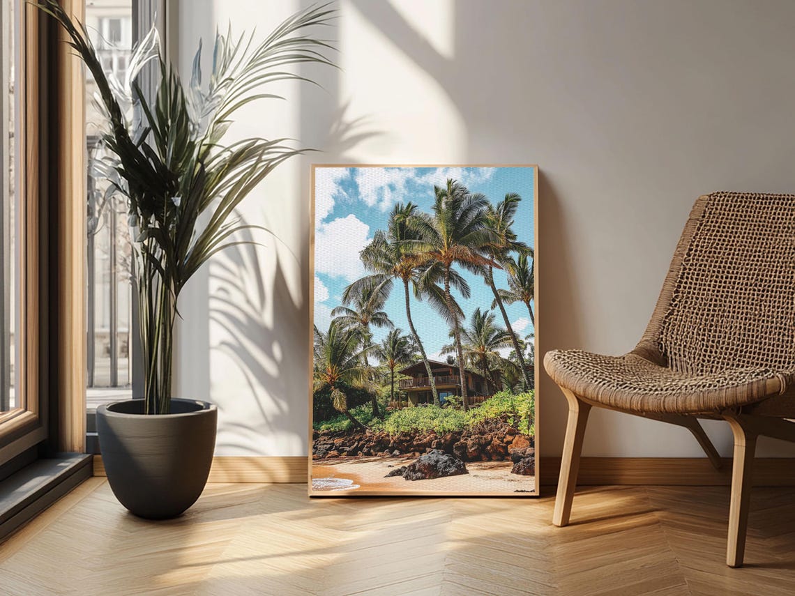 Tropical Beach House Print Hawaii Art Coastal Landscape Rustic Nautical Decor Seaside Living Room Framed Wall Art - Image 3