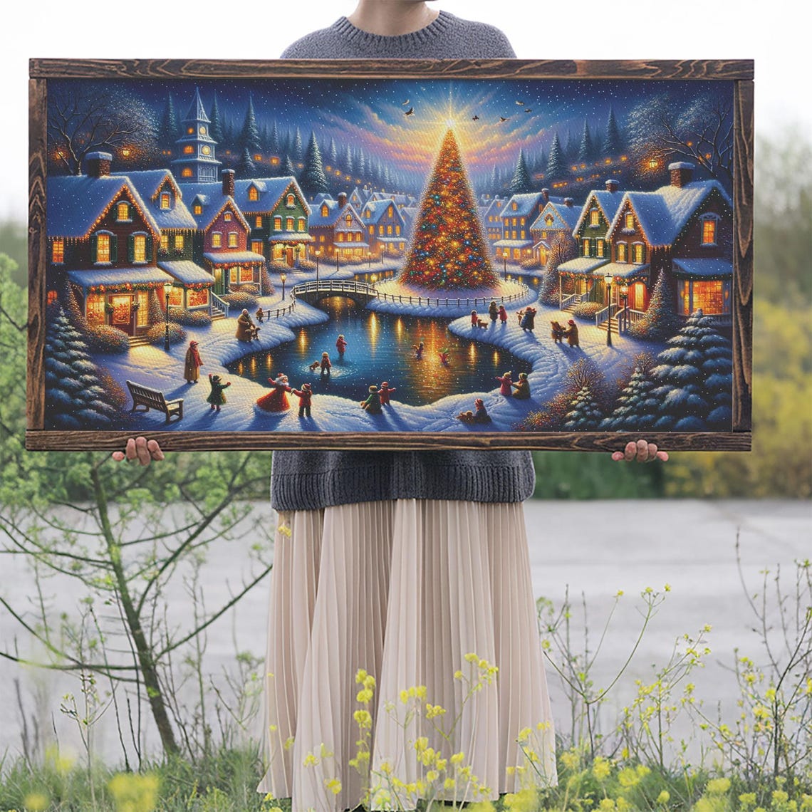 Christmas Town Square Tree With Skaters On Frozen Pond Night Poster - Image 2