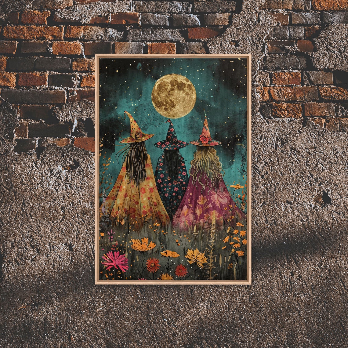 Witches Under Full Moon Floral Dresses Wildflowers Night Art Poster - Image 6