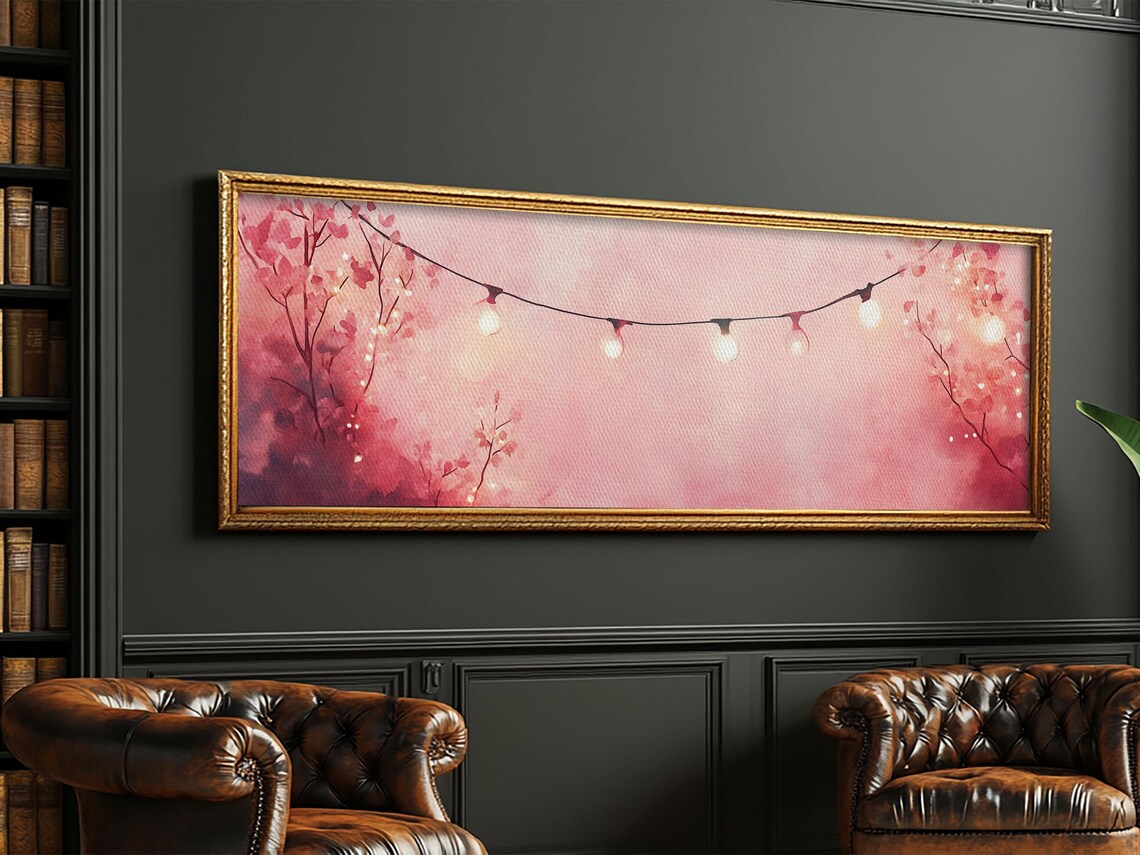 Blush Pink Fairy Lights String Watercolor Cozy Horizontal Wall Art Poster - Image 2