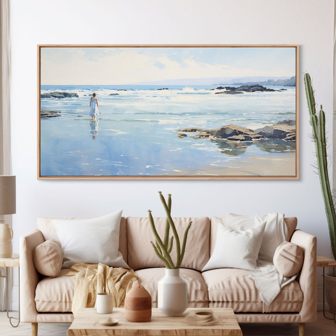 Woman In White Dress Walking On Beach Watercolor Coastal Art Poster - Image 3