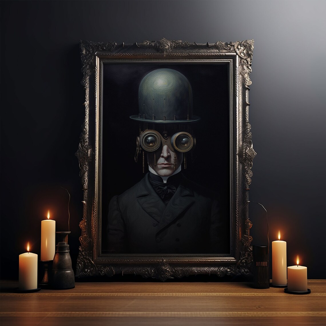 Victorian Steampunk Cyborg Portrait Goggles Bowler Hat Gothic Art Print - Image 3