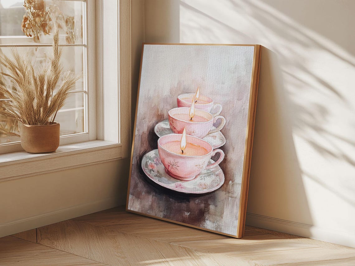 Pink Teacup Candles Watercolor Trio Floral Saucers Cozy Wall Poster - Image 5