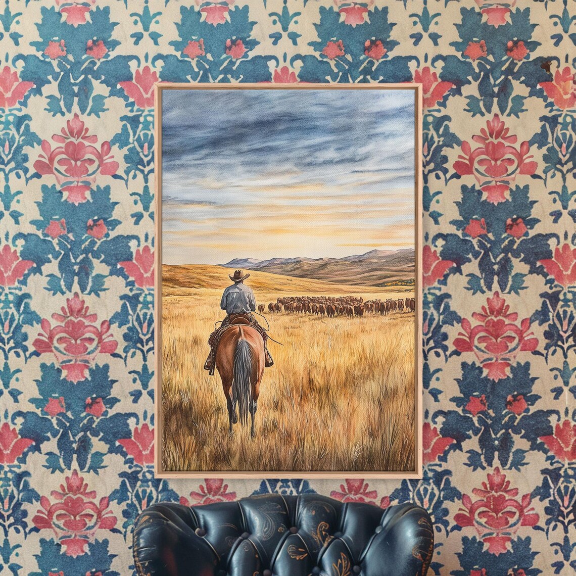 Lone Cowboy Leading Cattle Across Golden Prairie Dusk Poster - Image 4