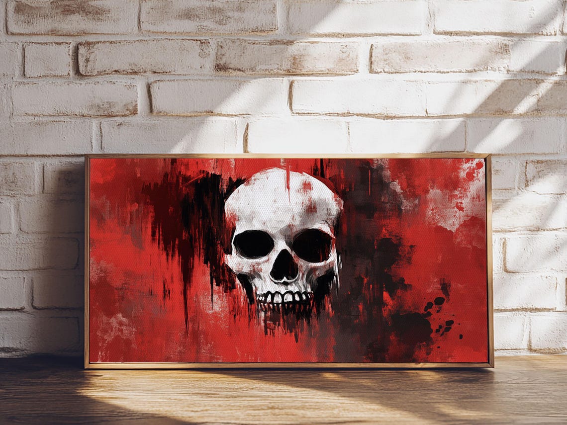 Moody Skull On Red Abstract Dark Grunge Halloween Wall Art Poster - Image 6