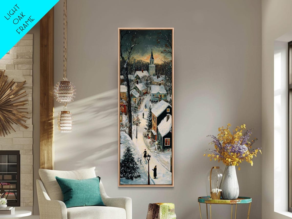 Snowy Village Street At Dusk With Church And Lampposts Poster