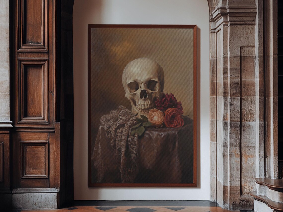 Skull And Roses Dark Academia Still Life Oil Painting Memento Mori Wall Art - Image 3