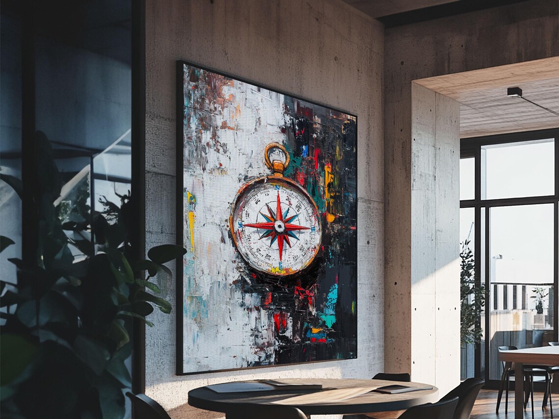Vintage Brass Compass Abstract Painted Background Nautical Travel Wall Art - Image 5