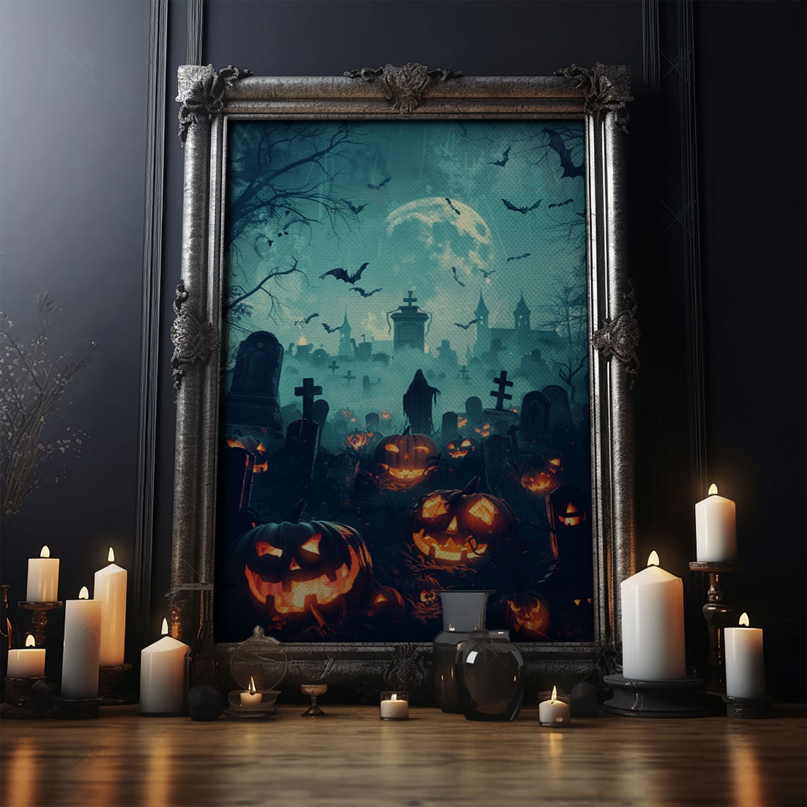Bats And Jack O Lanterns Foggy Graveyard Full Moon Art Poster - Image 4