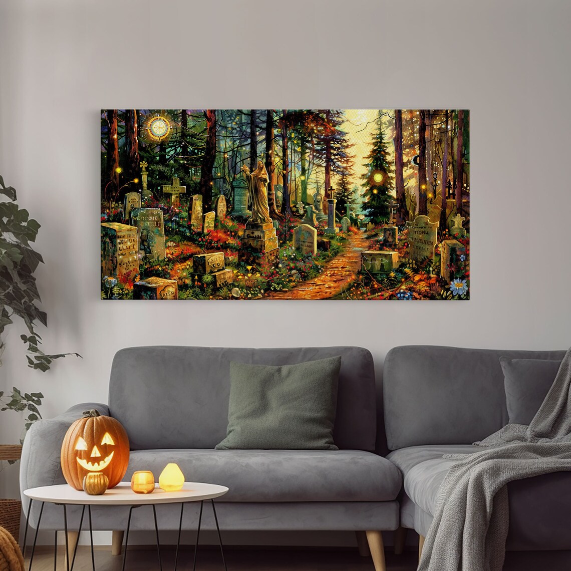 Colorful Haunted Graveyard Spring Flowers Moonlit Forest Halloween Print - Image 4