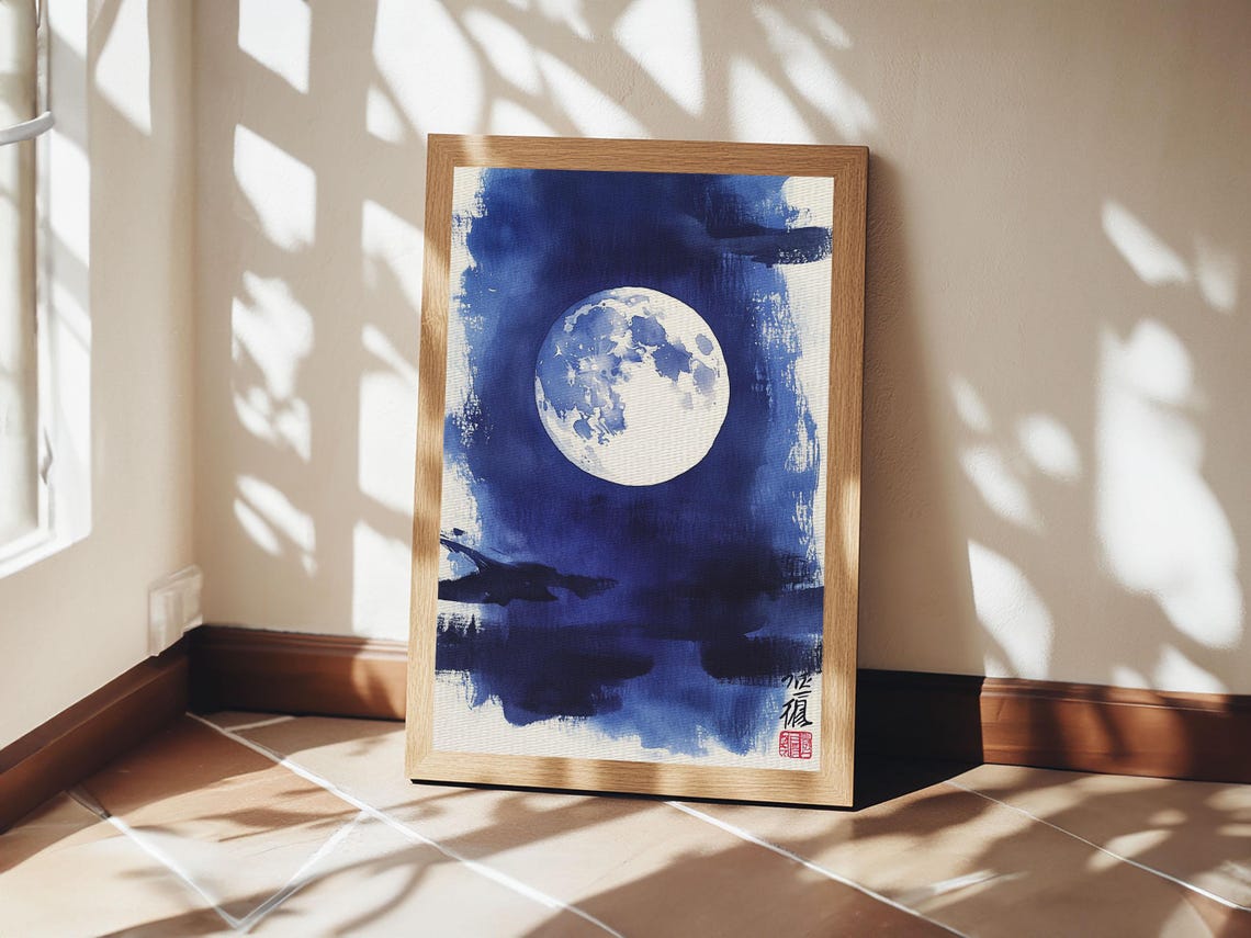 Japanese Full Moon Indigo Night Sky Calligraphy Watercolor Print - Image 4