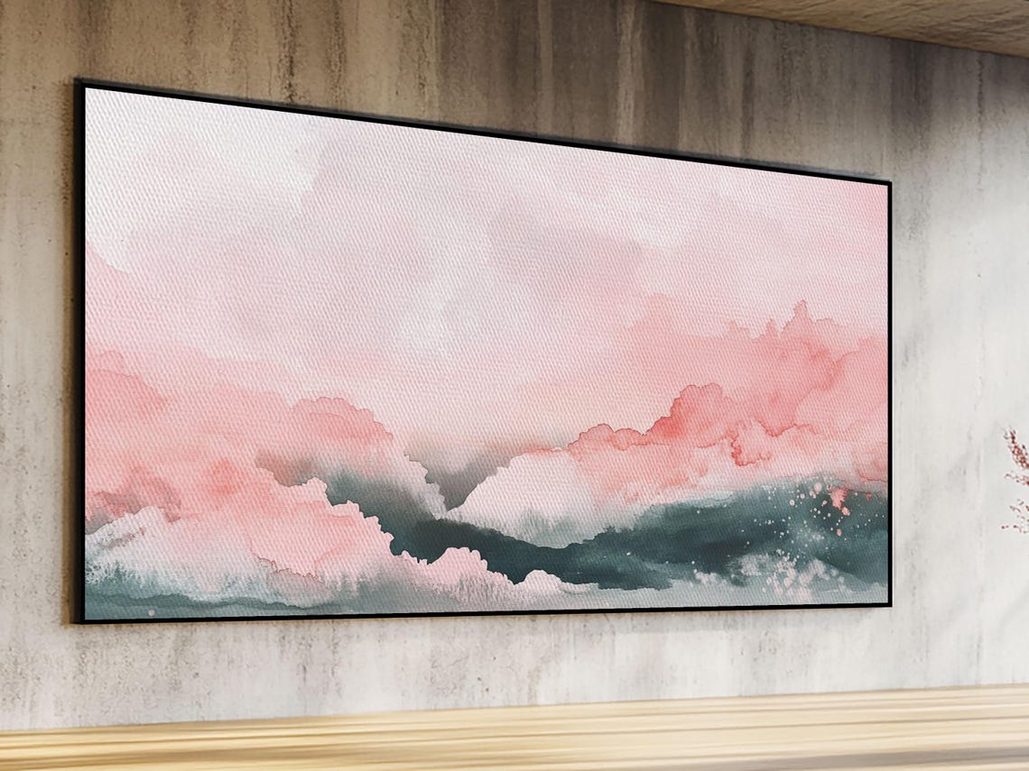 Pink Clouds Over Teal Waves Wide Abstract Watercolor Ocean Sky Poster