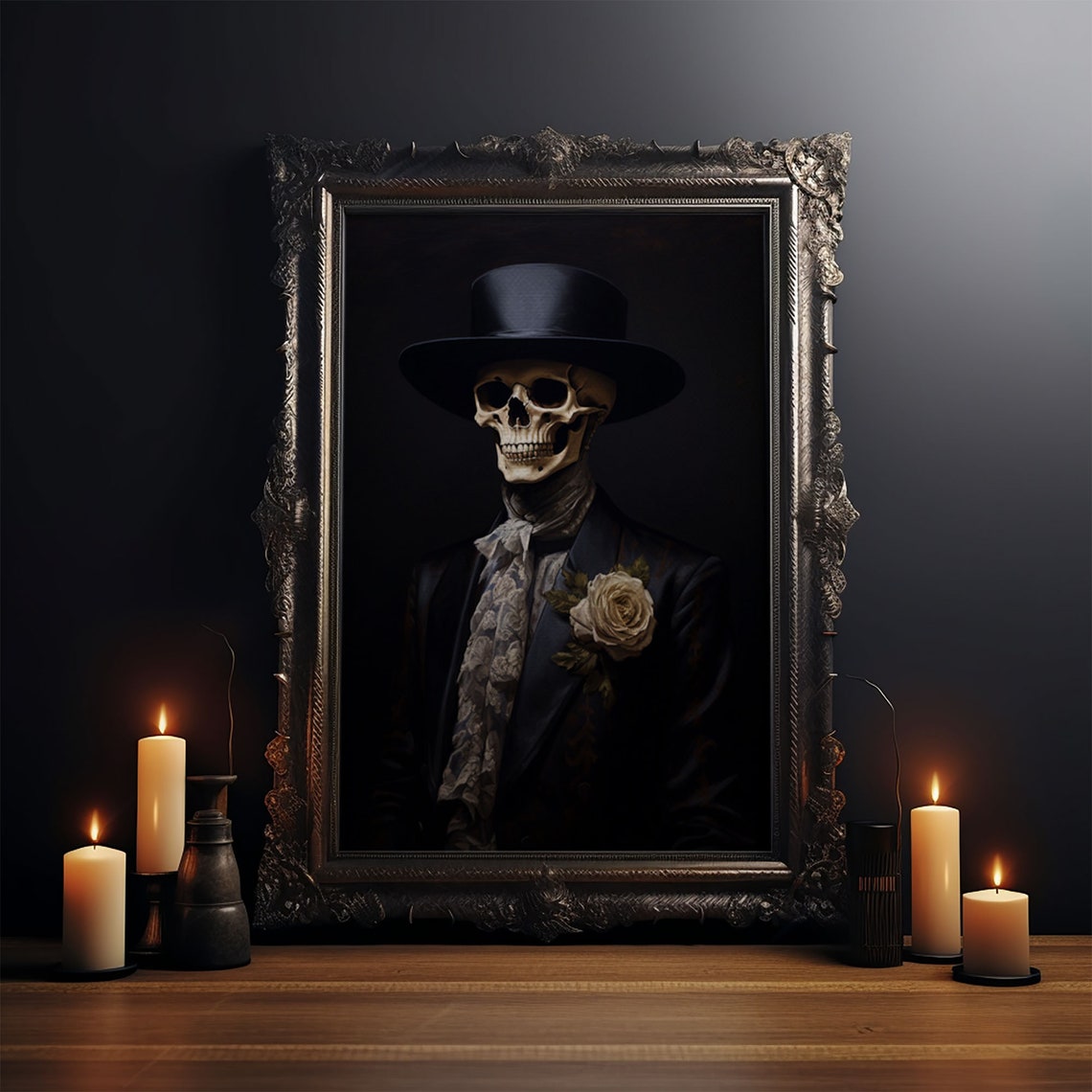 Dapper Skeleton Gentleman In Top Hat With Rose Gothic Portrait Print - Image 3