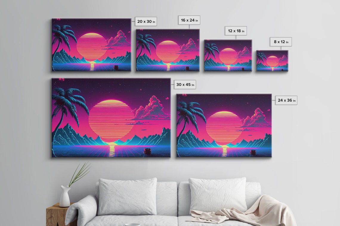 Retro Outrun Style Palm Trees And Sunset Framed Print Wireframe Lake And Mountain Vista - Image 2