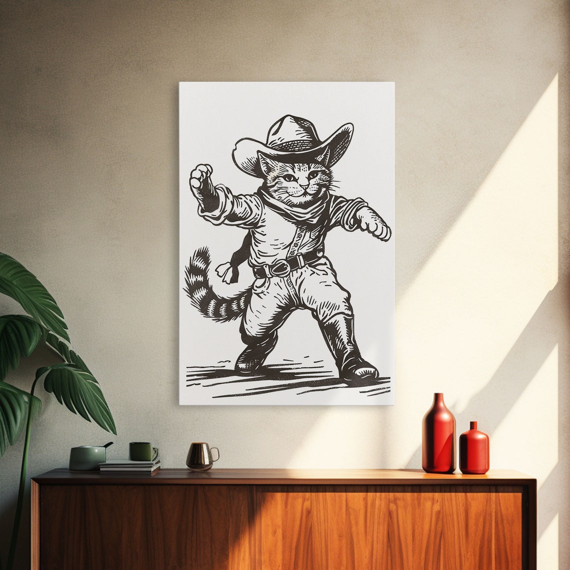 Cowboy Cat Fighter Stance Vintage Sketch Western Kitty Wall Poster - Image 4