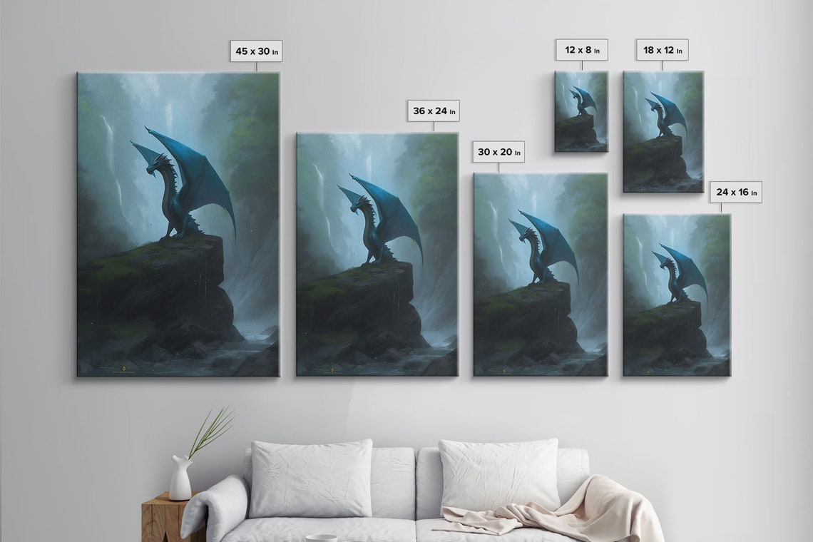 Blue Dragon Cliff Waterfall Misty Forest Fantasy Creature Art Poster - Image 5