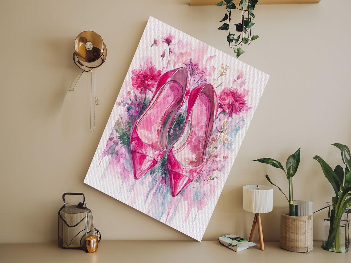 Pink High Heels Floral Watercolor Feminine Fashion Art Print - Image 4