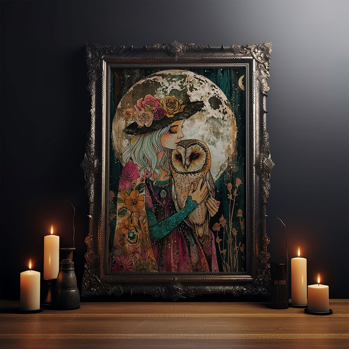 Witch Hugging Barn Owl Under Full Moon Floral Hat Illustration Poster - Image 4