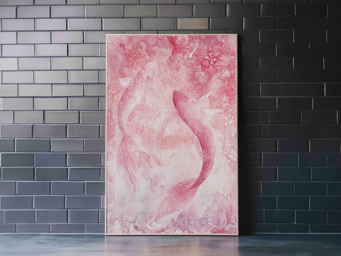 Two Pink Koi Fish Watercolor Zen Japanese Minimalist Art Print - Image 3
