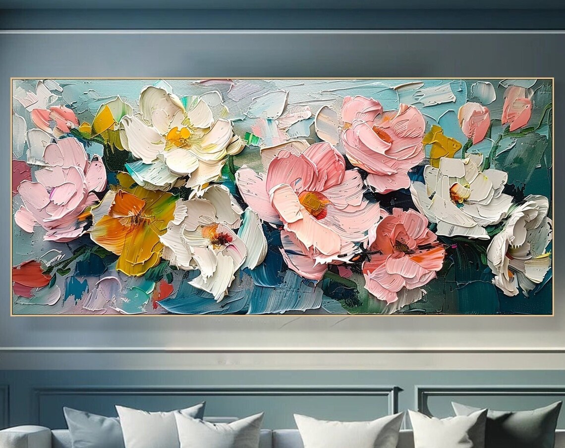 Colorful Peony Blooms Pink White Orange Impasto Floral Art Poster