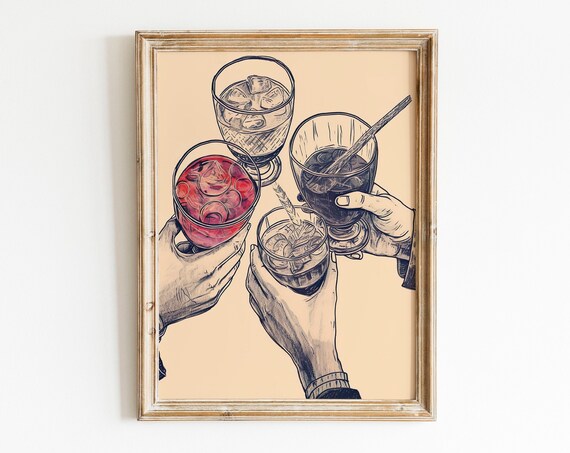 Top Down Hands Clinking Cocktails Pink Black Sketch Cheers Poster