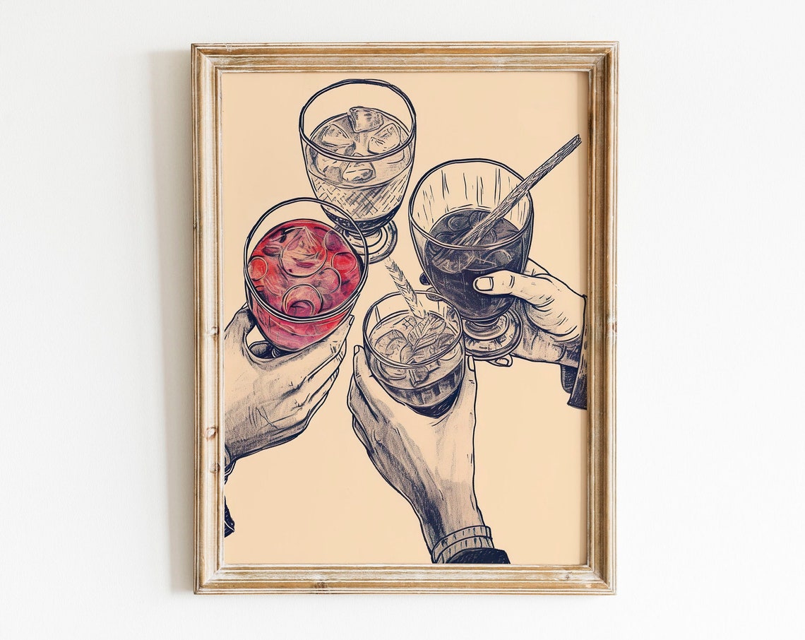 Top Down Hands Clinking Cocktails Pink Black Sketch Cheers Poster