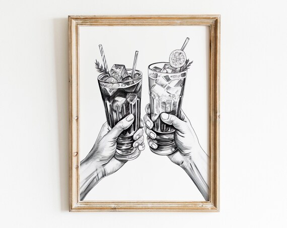 Monochrome Hands Clinking Tall Iced Cocktail Glasses Cheers Poster