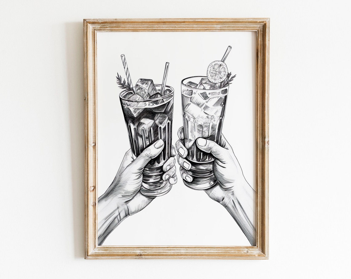 Monochrome Hands Clinking Tall Iced Cocktail Glasses Cheers Poster