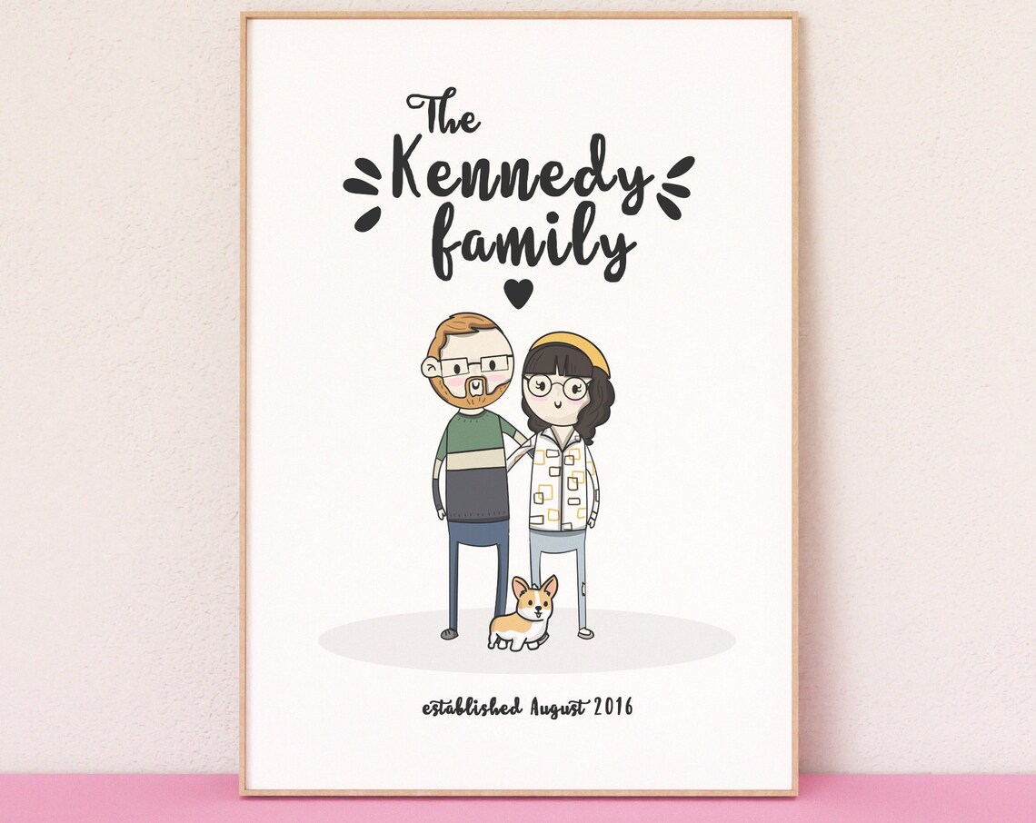 Personalized Cartoon Family Portrait With Couple and Corgi Dog Poster