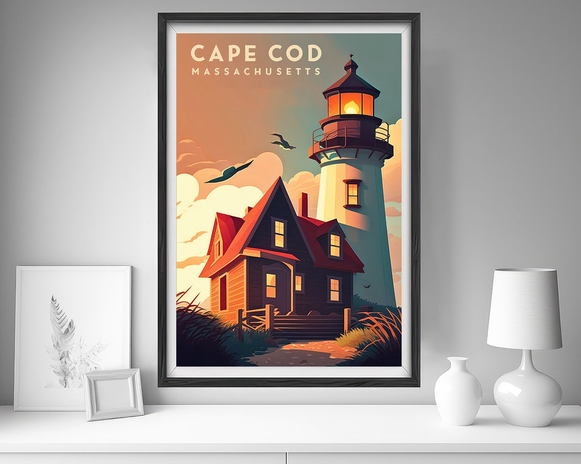 Cape Cod Massachusetts Lighthouse Cottage Sunset Travel Poster - Image 4