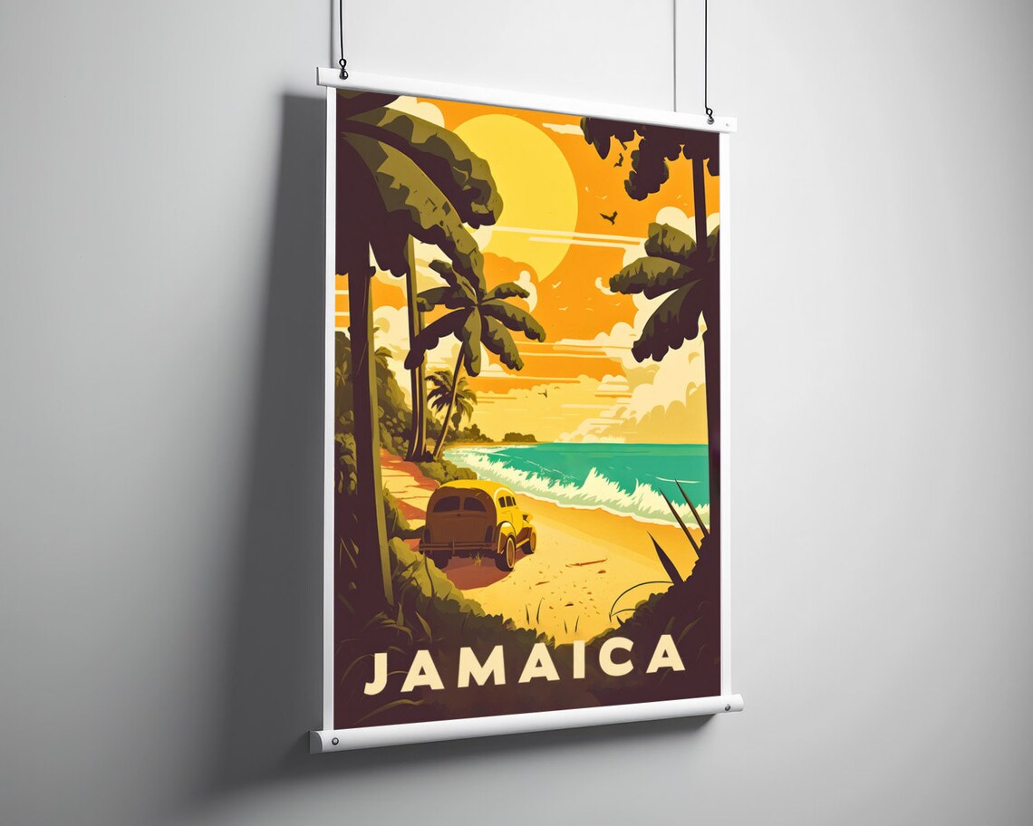 Jamaica Caribbean Beach Palm Sunset Vintage Car Travel Poster - Image 3