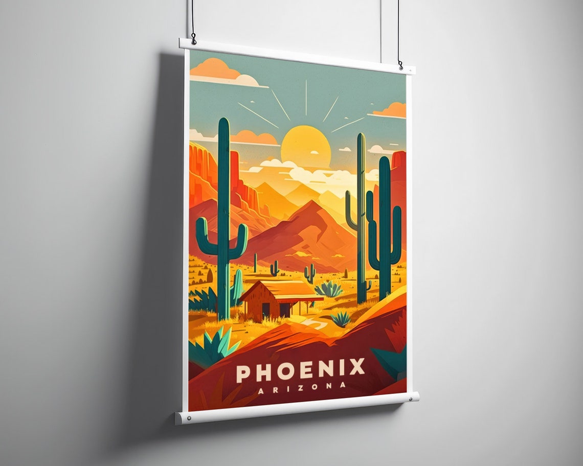 Phoenix Arizona Desert Cacti Blazing Sunset Retro Travel Poster Art - Image 3