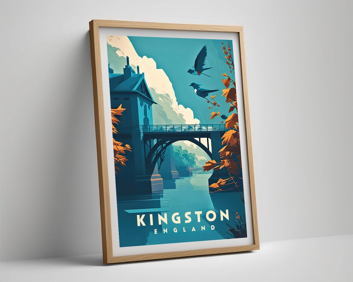 Kingston England River Bridge Autumn Birds Retro Travel Poster - Image 5