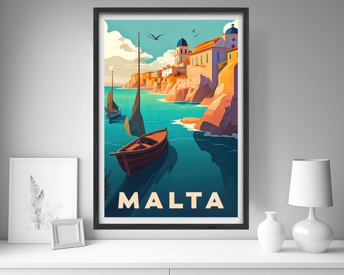 Malta Sailboat Harbor Mediterranean Cliffs Retro Travel Poster - Image 4