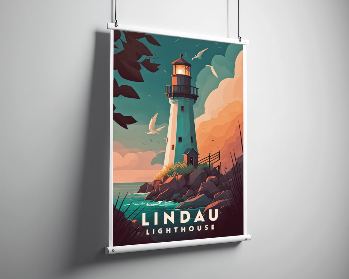 Lindau Lighthouse Sunset Coastal Rocks Vintage Travel Poster - Image 3